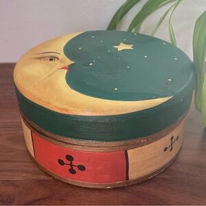 VINTAGE 90s Celestial Hand-Painted Moon & Star Round Wooden Trinket Jewelry Box